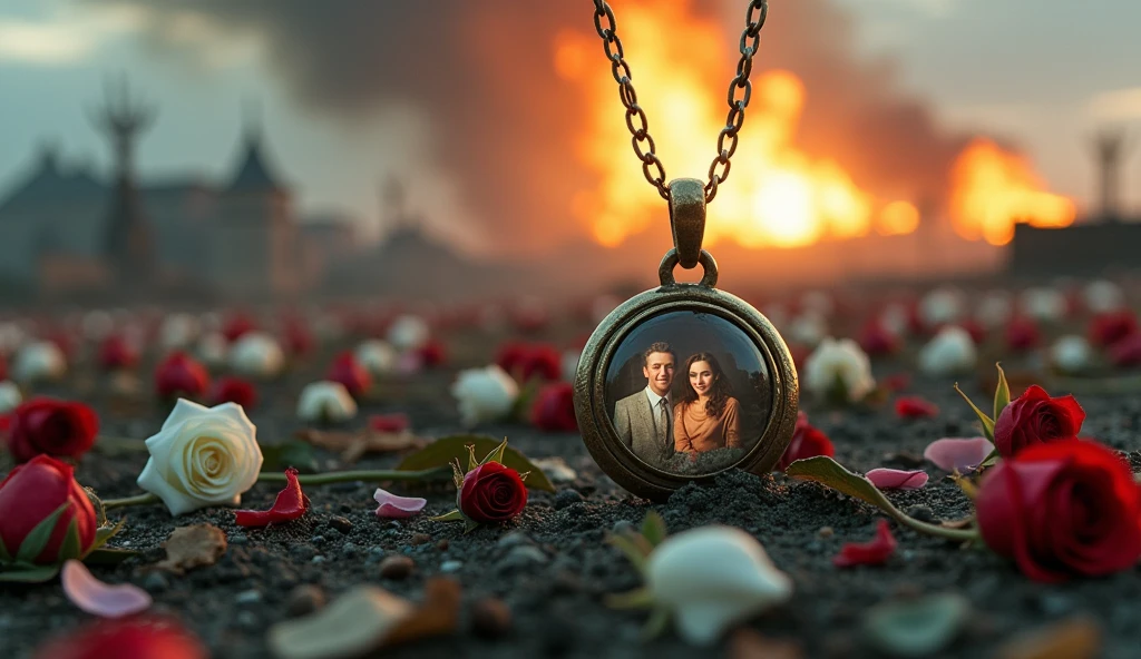 2024; (masterpiece, best quality) destroyed farms roses(((white and red roses))) on the floor; flowers on the ground; small necklace with a small photo of a couple a love heart  Down(close-up); bombs falling from the sky.; fire around.