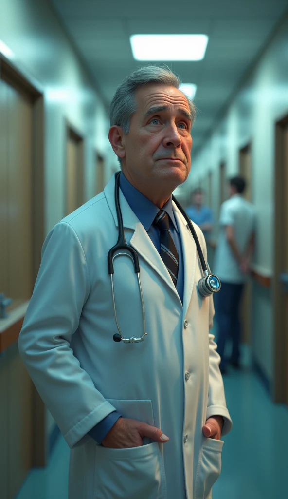 A sad doctor talking in a hospital, pixar style, cinematic, masterpiece, high-aesthetic 