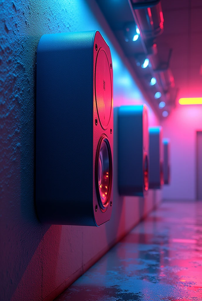 Create several speakers on the wall with an electric background and several neon lights and a large sculpture with writing "Candlelight dinner • julio couraça"