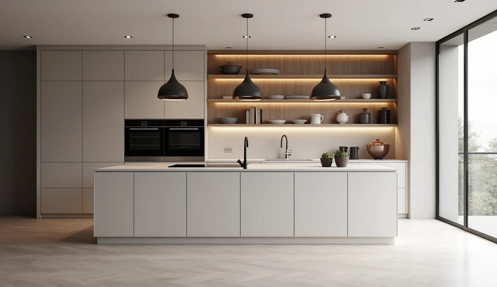 Create a high-quality minimalist kitchen design in neutral tones with custom-made furniture that has some glass and the utensils can be seen, that is elegant, that has LED lighting in the cabinets and that has a central island with hanging lamps. 