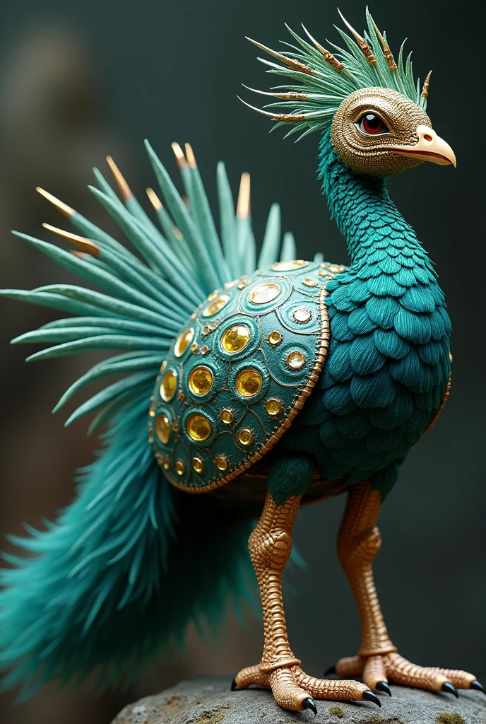 make a pokemos the head of Peacock and its tail is made of tungsten and decoration in precious stones and they are sharp, Its beak is a yellow shoebill., the shell is pink diamond tortoise, Cassowary legs with bone and tough skin, eagle claws and vision, spines on the porcupine tail of a strong mineral, The feathers on its body are emerald green and blue.