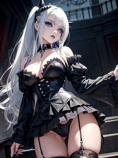  A gothic punk goth girl, perfect face, beautiful Asian woman with long White hair in curls and coils, very cute and           beautiful girl, (highly detailed beautiful face), high detailed fingers, (Blood Red corset) detailed face, curled white hair
]cowboy shot, looking at viewer, Standing, white panties. intricate details, cinematic scene, detailed background, solo, dynamic angle,  ((beautiful big blue eyes looking down at the viewer, black shiny lipstick, perfect Asian goth cyber makeup)) double d breast, detailed cute face, white hair, gothic punk fashion, highly detailed gothic fashion, short skirt, heavy make up,),(dark black lipstick), size, Backlight effect, lens flare, depth of fields, blurry background, Detailedface,1 girl, Detailed eyes, ,(thigh up shot image :1.5), Black gloves, climbing stairs, looking back over her shoulder