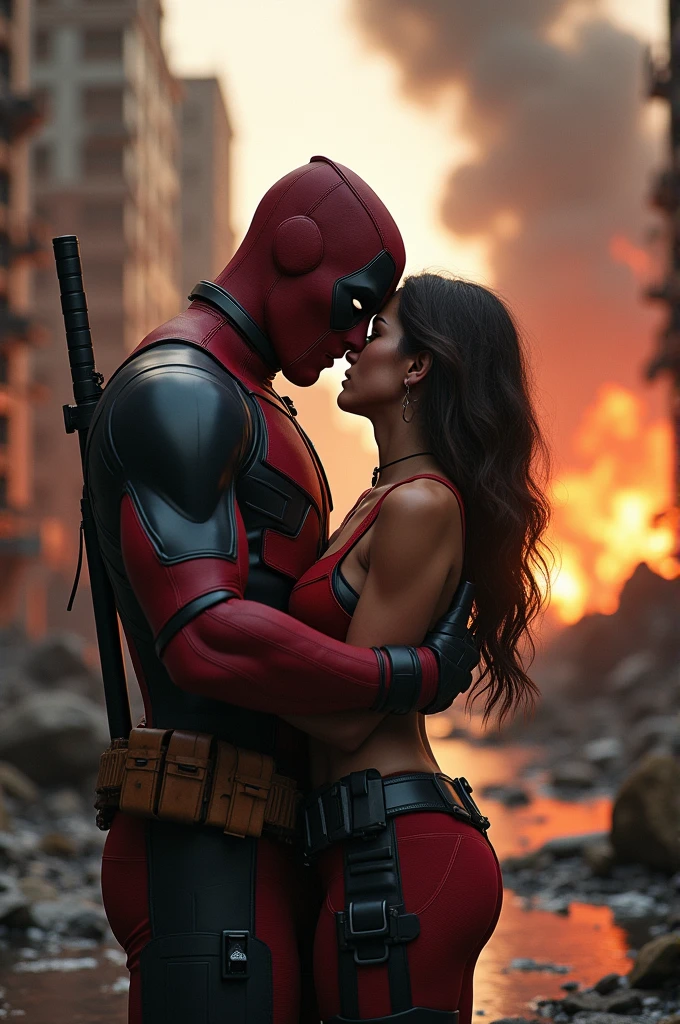 Scene from the movie Deadpool. Deadpool hugs with concern a beautiful girl. They are surrounded by destroyed buildings. Destroyed cars, smoke and flames are extremely realistic.