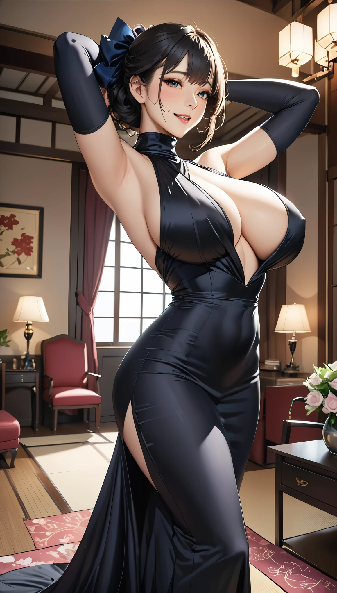 (masterpiece,Highest quality,Ultra-high resolution),Japanese women,Smiling, (((A very beautiful 2))),Big Breasts、Breast bag、((Black high-neck long dress in satin)),(Tight fit),No sleeve、Satin opera gloves、Satin knee-high socks、Satin has a very strong sheen、Place your arms behind your head