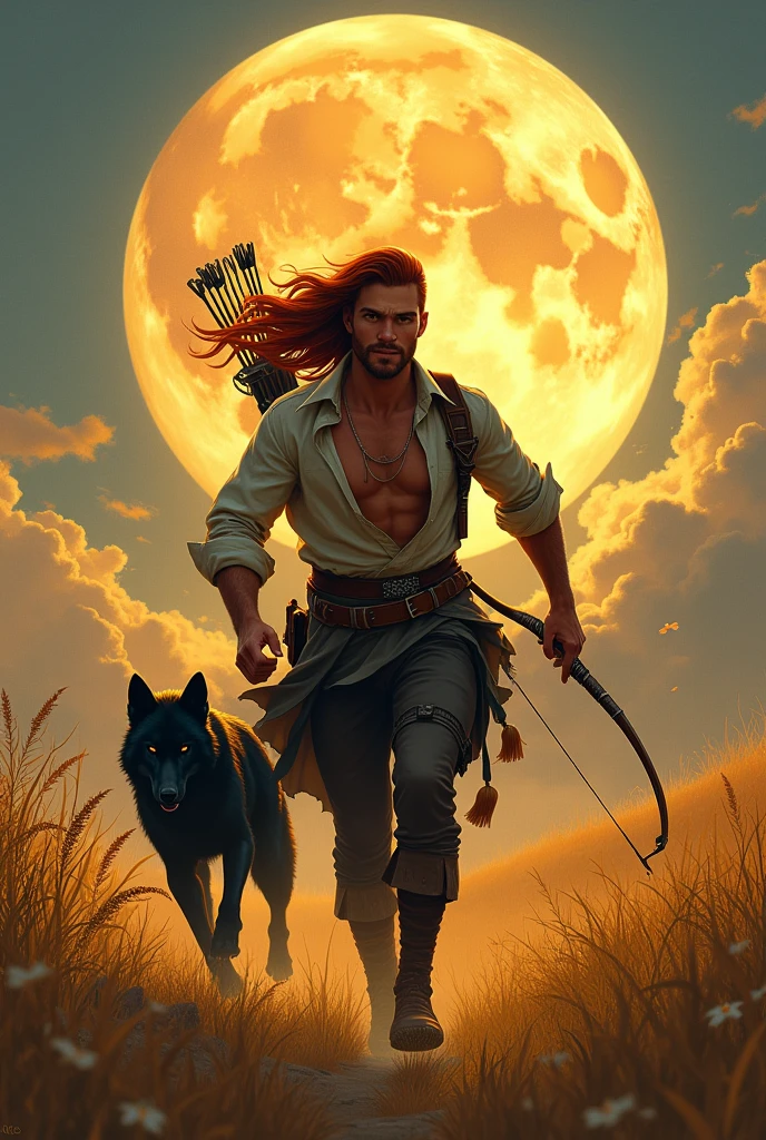 Male beautiful ranger light stubble long open shirt longbow long dark red  hair running through high grass with black wolf harvest moon art deco style 