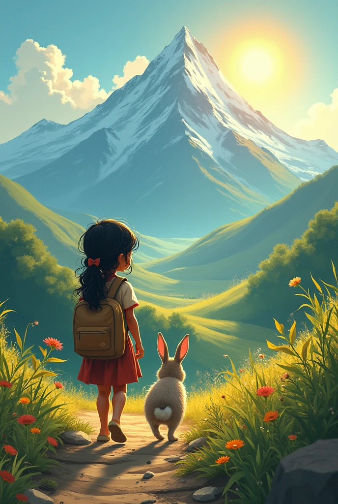 Together with the rabbit, Guddiya started her journey towards the mountain, even though she grew tired along the way.