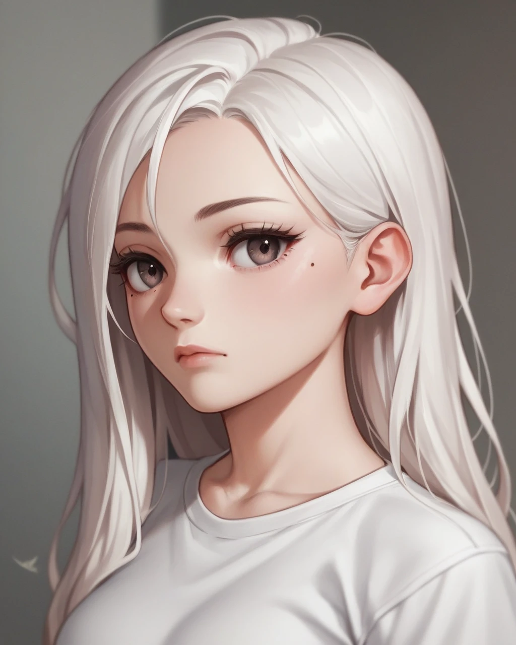 score_9, score_8_up, score_7_up, score_6_up, score_5_up, score_4_up, source_cartoon, rating_safe, 1girl, pale skin, beauty mark under one eye, curious expression, large eyelashes, white shirt, medium breasts, portrait, torso shot, long straight white hair,