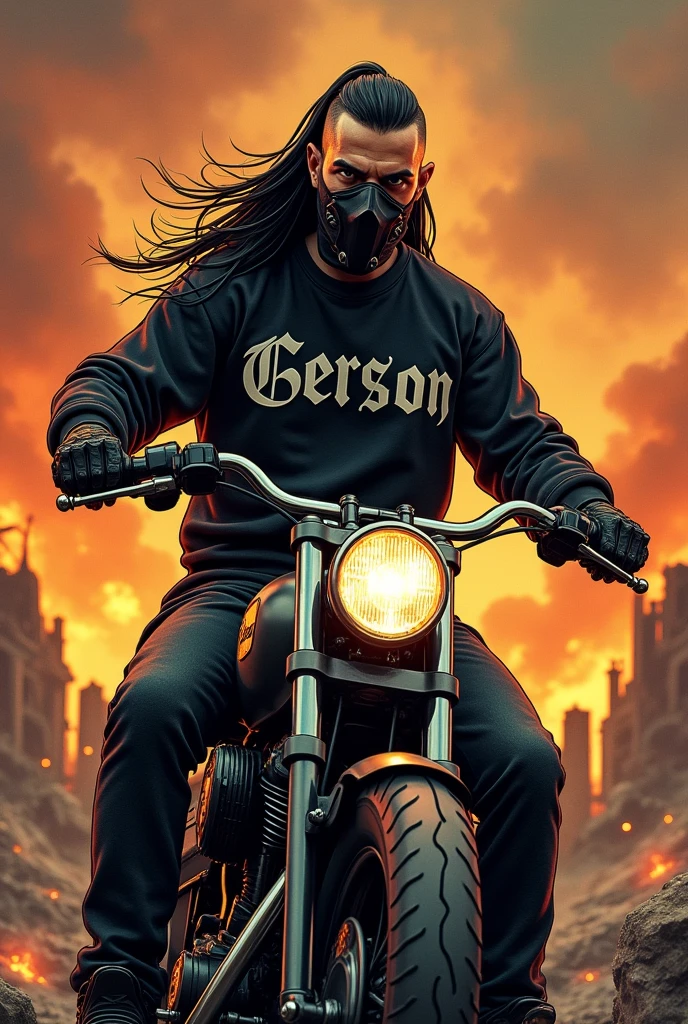 Rocker boy, with a sweatshirt with the name Gerson in blackmetal style letters, in a landscape of destruction and war in hell with lots of fire, megadeth style illustration, Medium long black hair shaved Viking style Viking style haircut age Call of Duty ghost mask on motorcycle Ghost Rider style long hair and mask