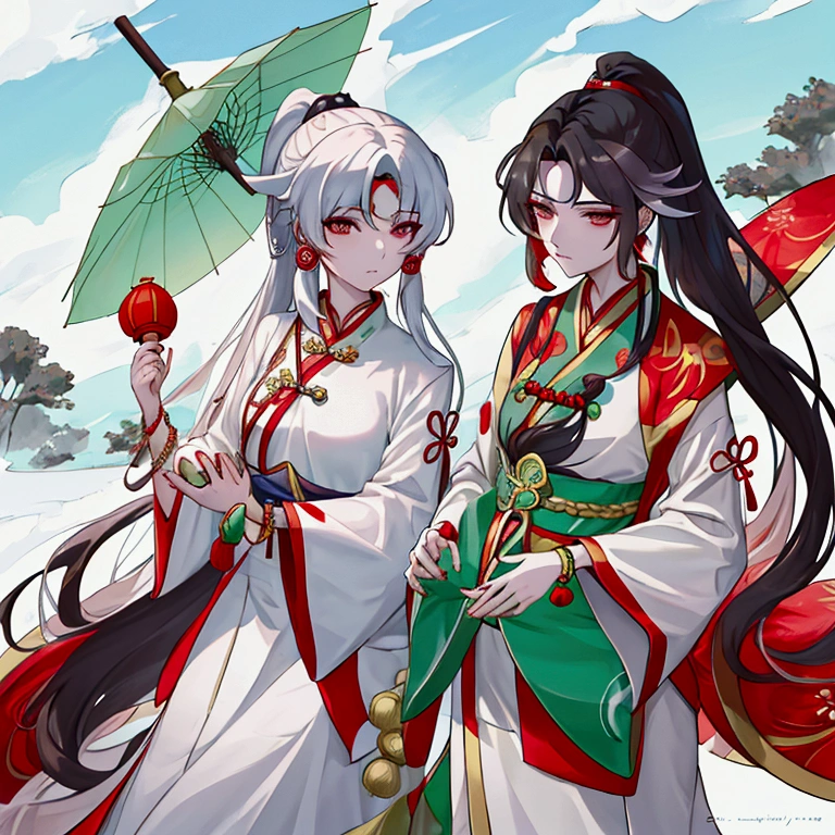 Man with long hair wearing traditional Chinese clothing, Loose hair with a ponytail that doesn't gather all of her hair, white dress, cinnabar maraca on the forehead, Holding a Chinese period umbrella in her right hand and a bracelet with jade beads in her left hand, jade medicinal,