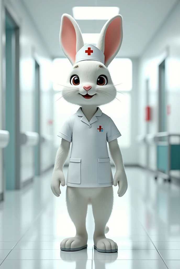 An humanoid rabbit wearing a nurse uniform, realistic style