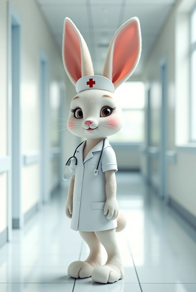 An humanoid rabbit wearing a nurse uniform, realistic style