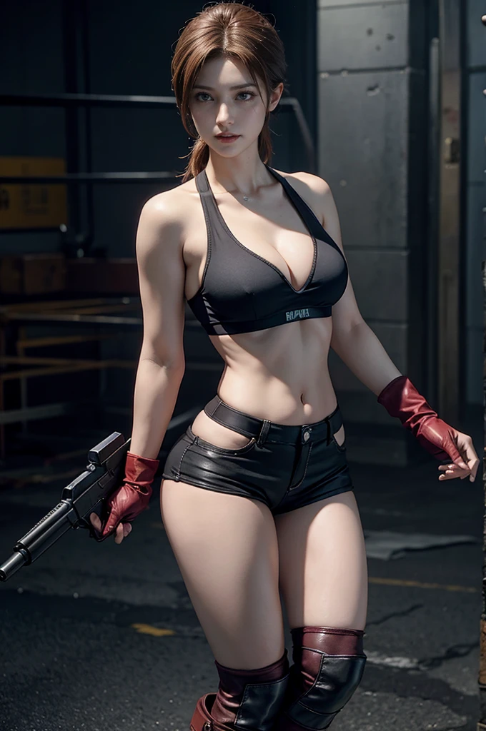 resident evil, beautiful claire redfield, Holding a gun、smile、Perfect figure、Mid-chest、Small waist、Medium sized ass、Shorts、Cleavage、Erect nipples under a sports bra