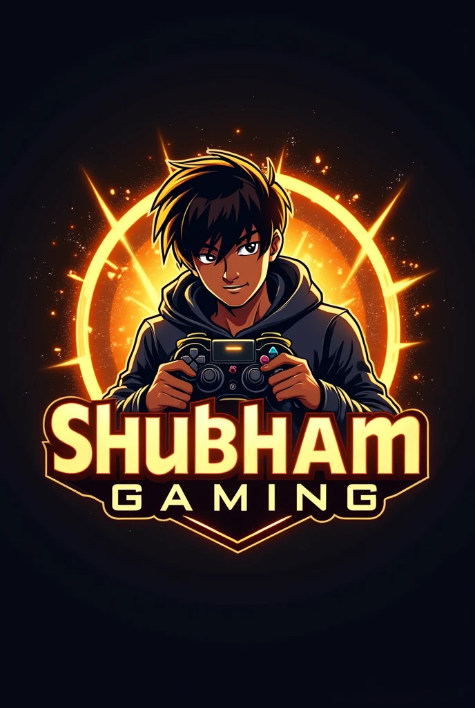 This is a gaming logo that features the name "Shubham Gaming" in a futuristic font and a neon Golden colour. and Boy Anime avtar, The logo also has a stylized controller icon. The logo designed to be attractive and eye-catching, and to appeal to gaming enthusiasts and YouTube viewing