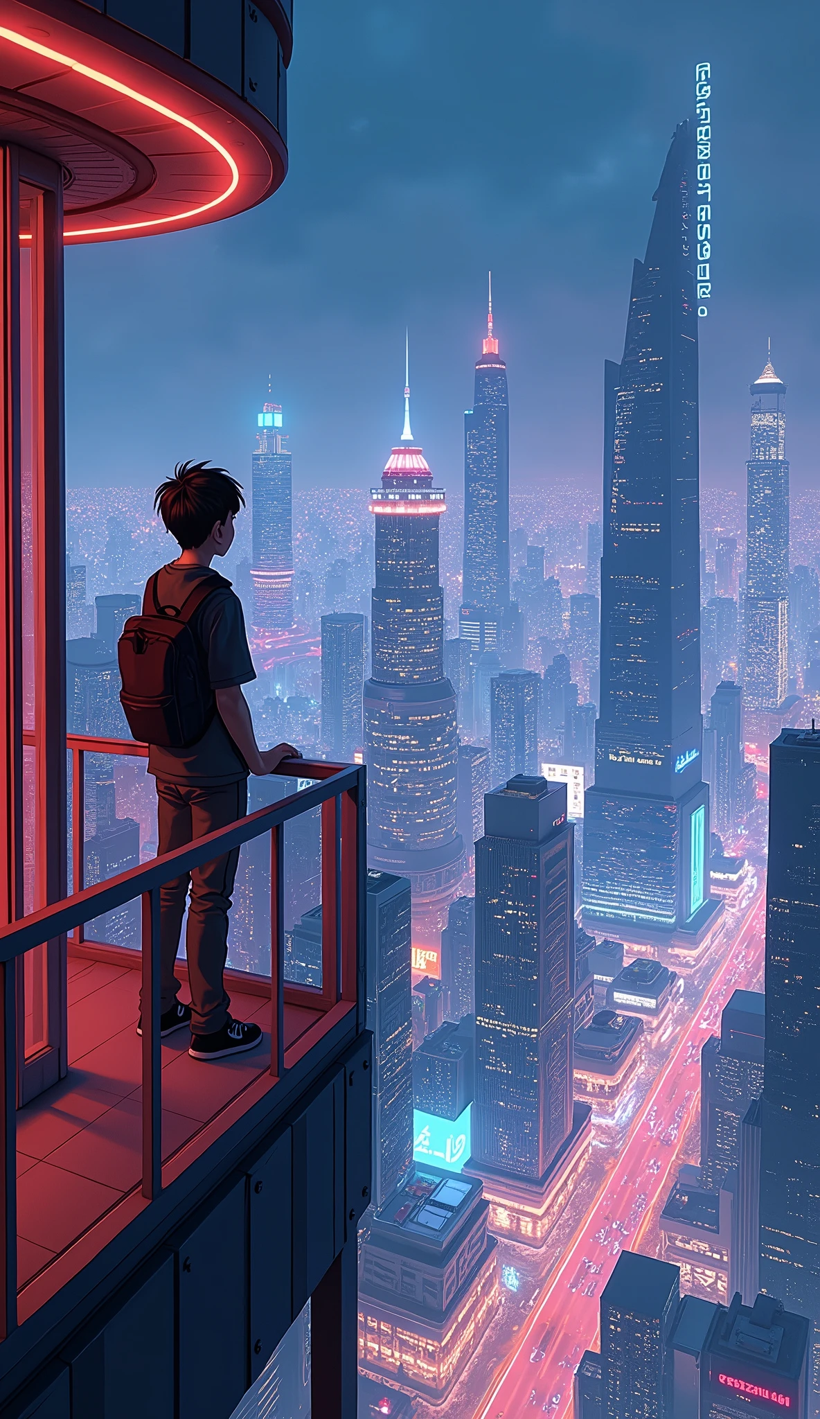 anime cyberpunk theme age boy looking at the city from a balcony of a skyscrapers overlooking a city(wide angle view)(glowing effect), makoto shinkai cyril rolando, makoto shinkai. —h 2160, style of afrofuturism aerial view,, ( ( makoto shinkai ) ), makoto shinkai. digital render, makoto shinkai!, beautiful anime sceneHawaii, gta vice style , illustration , reteo comic illustration