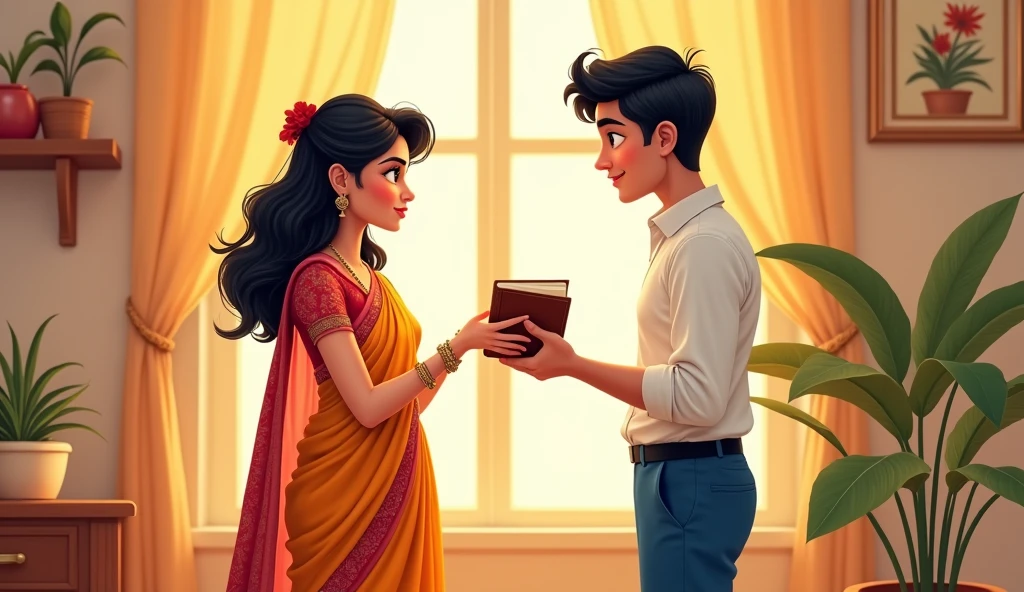 Create an cartoon image of a beautiful women wearing saree in front of her a man standing wearing white shirt and blue pant and they were talking to each other inside the house man has a diary in his hand he giving this diary to women continue to read diary is in hand of women