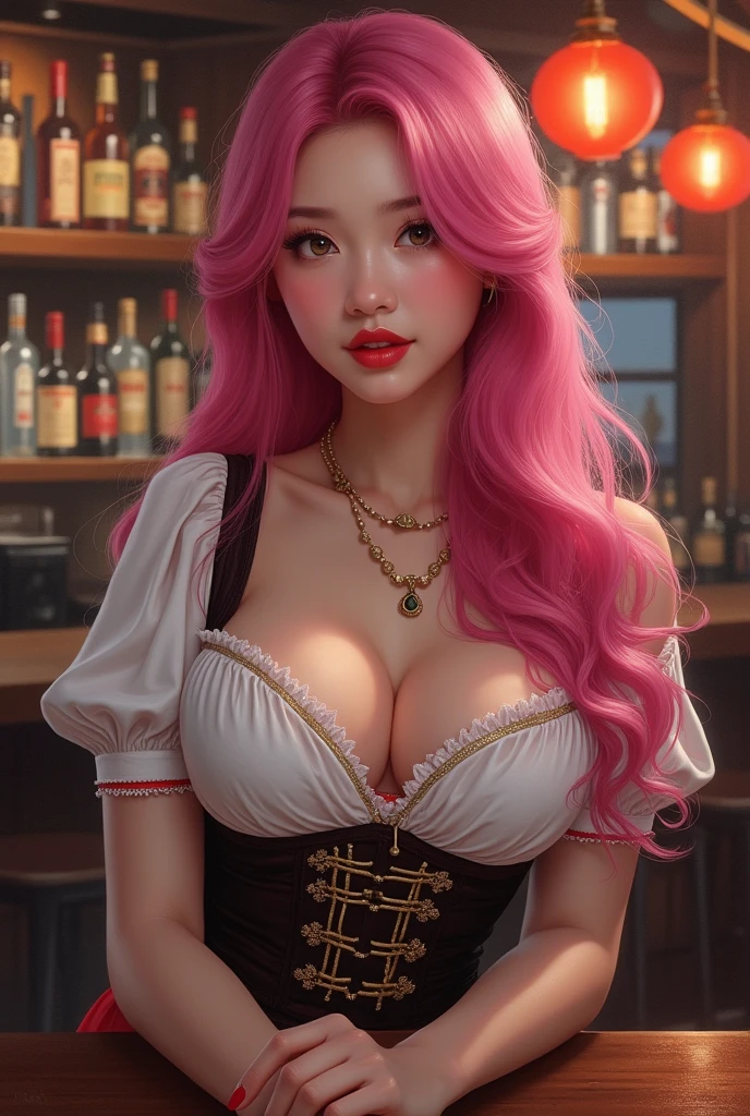 Young woman,Twenty-five years old, Beautiful face, Asian face, Long pink hair, Wearing Central European clothing, Big chest, Thin waist, Big butt, In the bar, Painting style: realistic