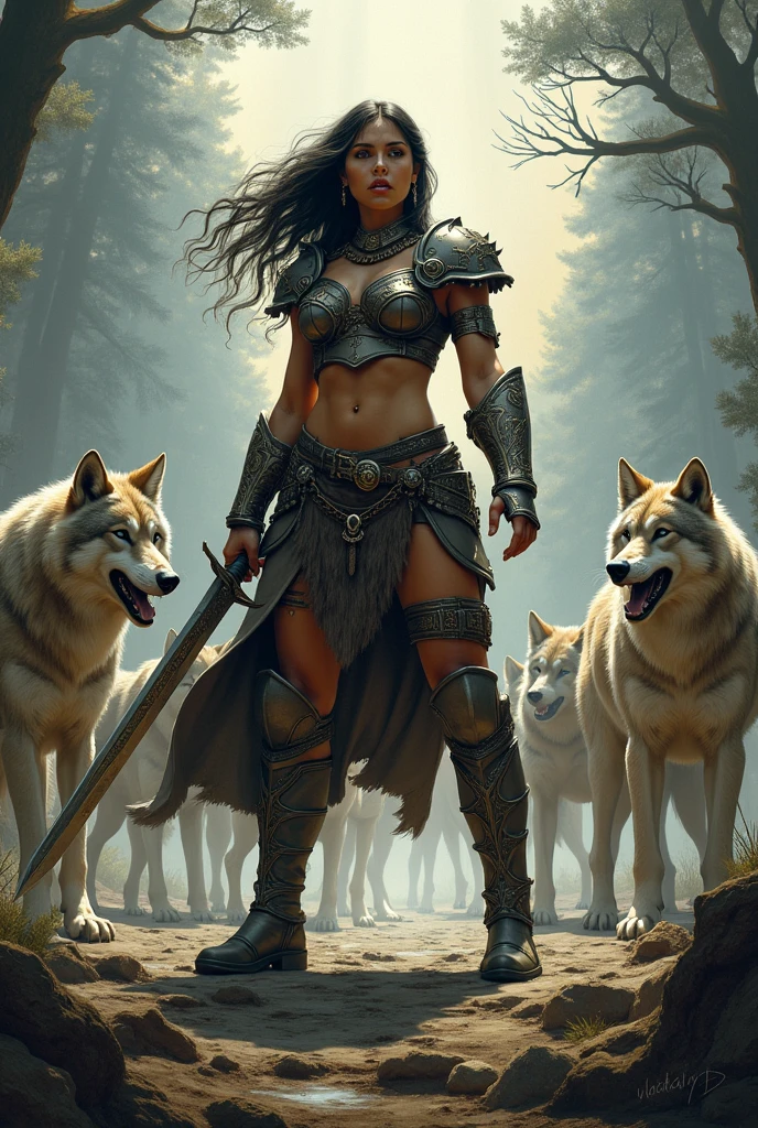 A barbarian woman against a pack of wolves in the style of Frank Frazetta. masterpiece. Best quality. Beautiful cinematic impressionistic painting, Chemiluminescence. (animated fairy-tale background) (Minimalism:1), original details.
