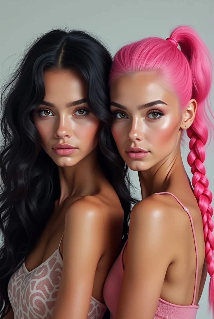 model with long wavy black hair, With her friend, long pink braided ponytail