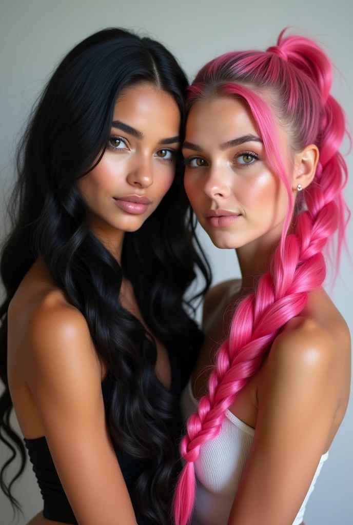 model with long wavy black hair, With her friend, long pink braided ponytail