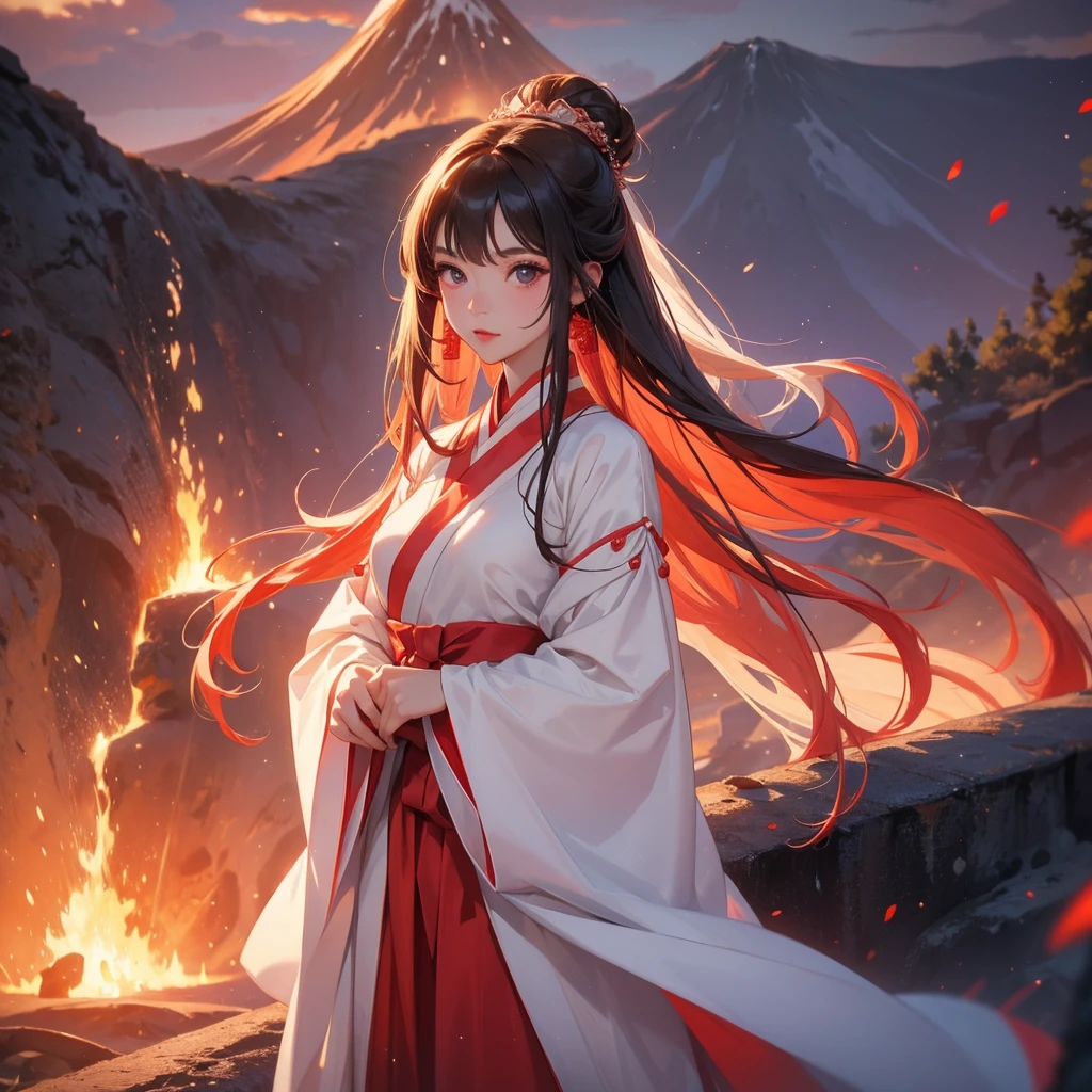 A beautiful female in white hanfu dress , Standing in the middle of Background is a volcano, lava erupting red, close up.