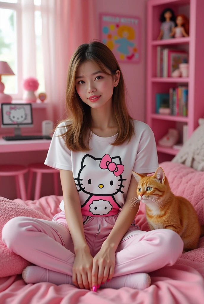  adult with waist and no belly with Hello Kitty sleep pants and a white Coraline decorated t-shirt and pink Hello Kitty nails and Hello Kitty slippers, She has to have straight, light brown hair and she has to be with an orange kitten in a room decorated entirely in pink and with Barbie dolls and a PC game decorated entirely in pink. 
