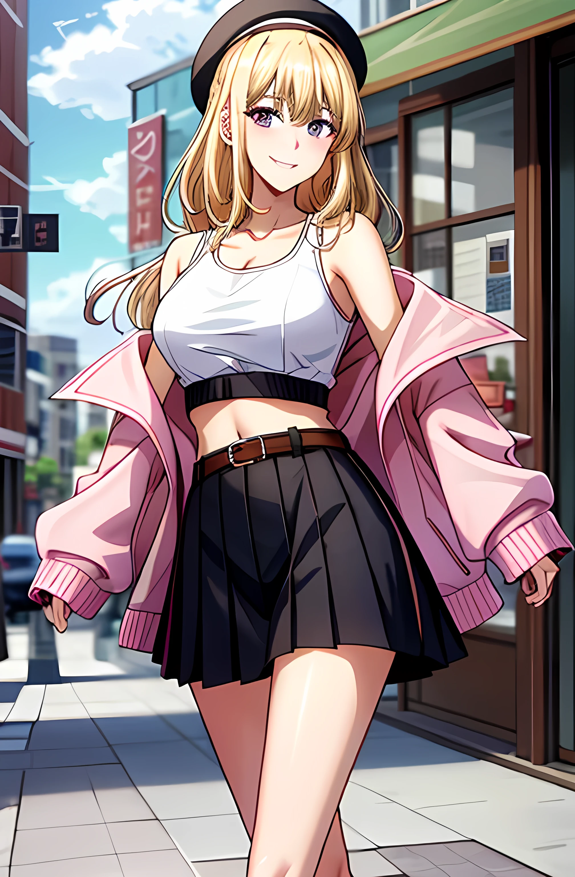 masterpiece, best quality, highres, Cha Hae-In 차해인 | Solo Leveling 나 혼자만 레벨업, blonde hair, long hair, large breasts, jacket, crop top, bare shoulder, show stomach, belt, pleated skirt, cowboy shot, standing, looking at viewer, city road, outdoor, modern city road, blush, shy, smile, show teeth, stocking,