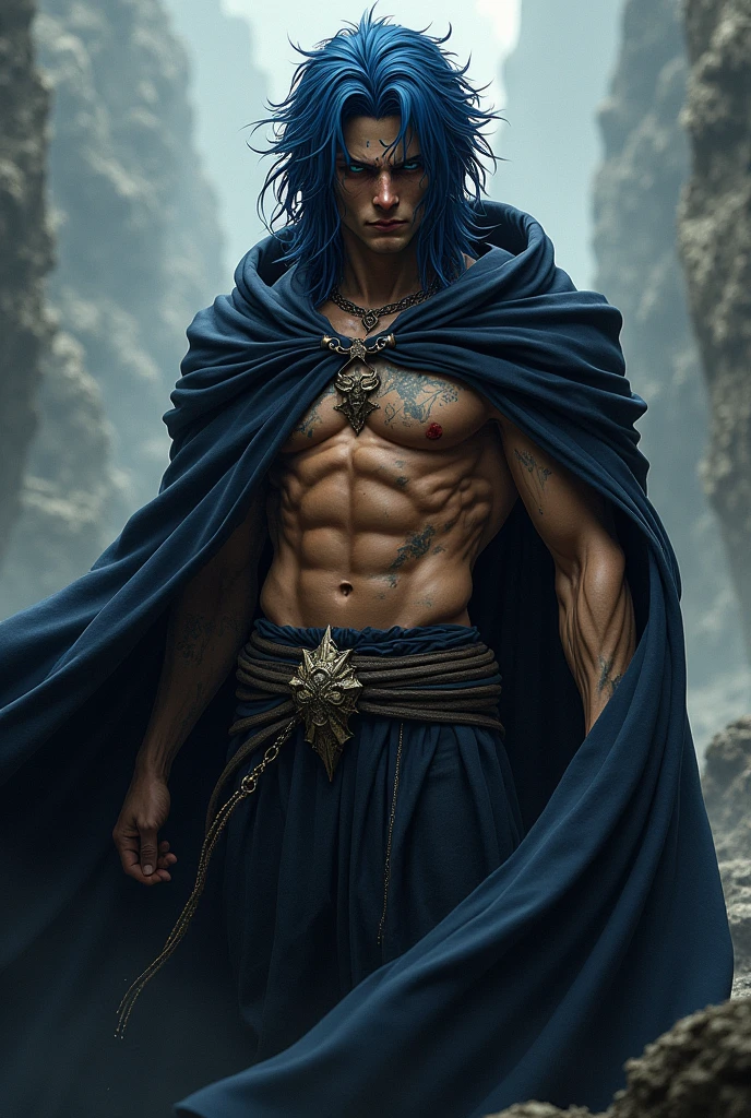 Created acnologia from fairytail in a much more human human version he has long and disheveled midnight blue hair and marks on his face and a cape he has no beard he is tanned and has abs made in a girl version dressed in a black cape 