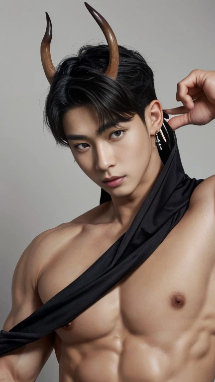 White skin asian korean man, kpop actor, thin nose, thin lips, blue eyes, brown long hair, black dragon horn on his head, wearing earrings, jock putfit, young handsome face, best quality,masterpiece,Ultra high detail,A handsome muscular man, completely black deer horn on his head, topless, , with black  cloth, black transparent cloth on his deer horn, realistic,Grey background,, wearing nothing, completely naked e his huge penis, longdick masturbate, the ct penis , erecting , Realistully nak