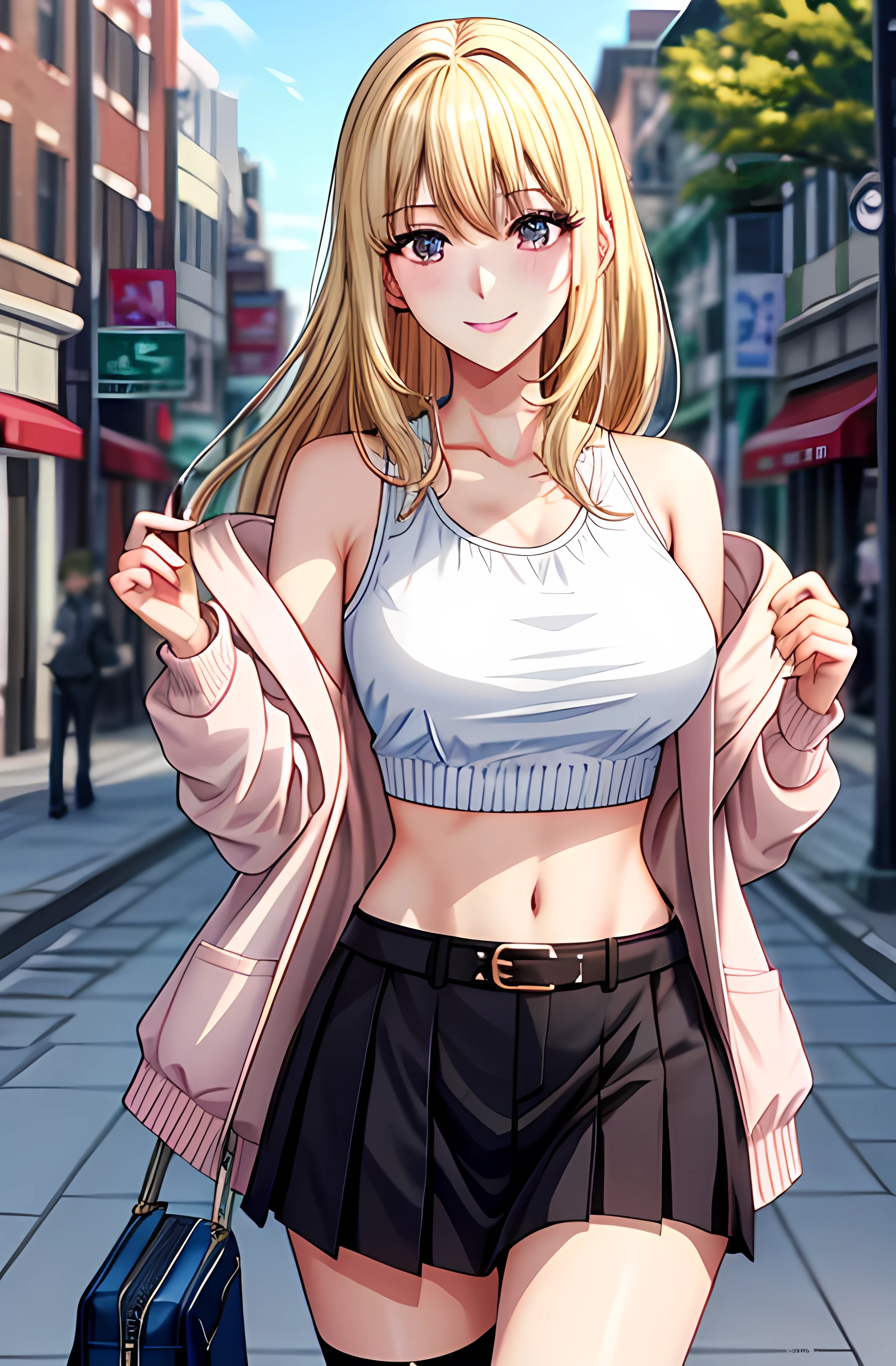 masterpiece, best quality, highres, Cha Hae-In 차해인 | Solo Leveling 나 혼자만 레벨업, blonde hair, long hair, large breasts, jacket, crop top, bare shoulder, show stomach, belt, pleated skirt, cowboy shot, standing, looking at viewer, city road, outdoor, modern city road, blush, shy, smile, show teeth, stocking,