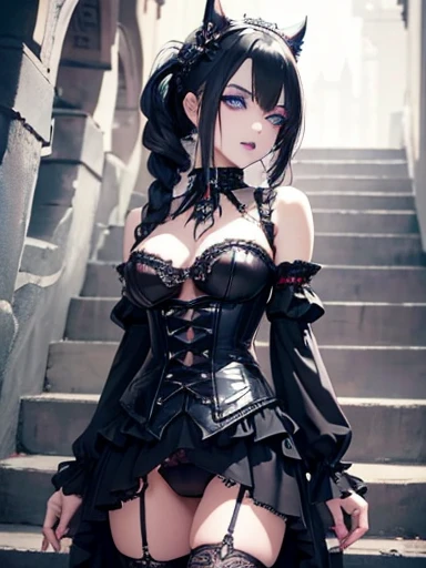  A gothic punk goth girl, perfect face, beautiful Asian woman with long White hair in curls and coils, very cute and           beautiful girl, (highly detailed beautiful face), high detailed fingers, (Blood Red corset) detailed face, curled white hair
]cowboy shot, looking at viewer, Standing, white panties. intricate details, cinematic scene, detailed background, solo, dynamic angle,  ((beautiful big blue eyes looking down at the viewer, black shiny lipstick, perfect Asian goth cyber makeup)) double d breast, detailed cute face, white hair, gothic punk fashion, highly detailed gothic fashion, short skirt, heavy make up,),(dark black lipstick), size, Backlight effect, lens flare, depth of fields, blurry background, Detailedface,1 girl, Detailed eyes, ,(thigh up shot image :1.5), Black gloves, climbing stairs, looking back over her shoulder