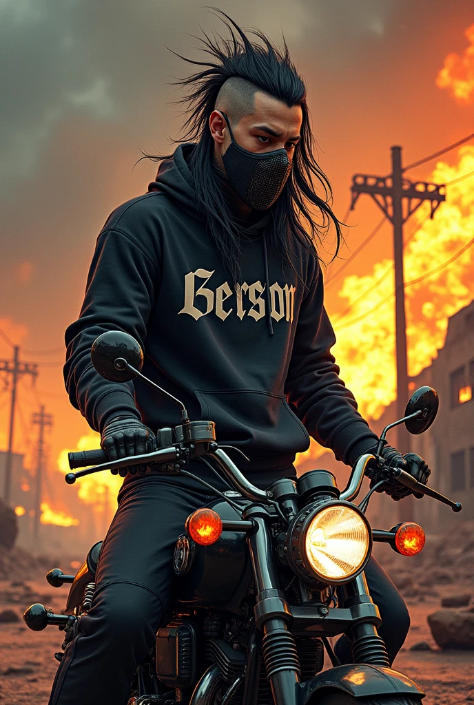 Rocker boy, with a sweatshirt with the name Gerson in blackmetal style letters, in a landscape of destruction and war in hell with lots of fire, megadeth style illustration, Medium long black hair shaved Viking style Viking style haircut age Call of Duty ghost mask on motorcycle Ghost Rider style long hair and mask