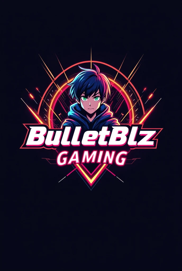 This is a gaming logo that features the name "BulletBlz Gaming" in a futuristic font and a neon Golden colour. and Boy Anime avtar, The logo also has a stylized controller icon. The logo designed to be attractive and eye-catching, and to appeal to gaming enthusiasts and YouTube viewing