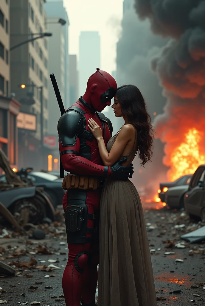 Scene from the movie Deadpool. Deadpool hugs with concern a beautiful girl. They are surrounded by destroyed buildings. Destroyed cars, smoke and flames are extremely realistic.