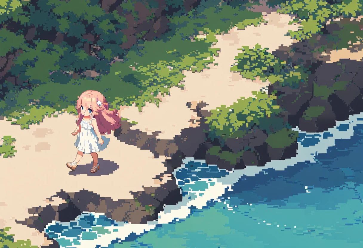 masterpiece, Highest quality, 8k, \(Beautiful pixel art, Vivid, Highest quality\), \((One person)), (young woman, Open your mouth, Fluffy hair, Long Hair, Hair like sheep's hair, Pink Hair, eyebrow, 太いeyebrow, White dress, Straw hat, High heel sandals\), (Highest quality:1.0), (\Seaside, Walking on the beach, evening\), 1 sheep