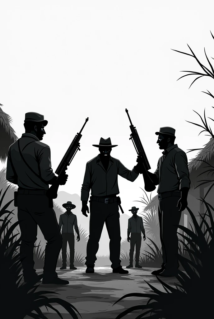 Simple black and white animated drawing of a group of armed men breaking into the village, forcing farmers to plant coca. Fear is reflected on their faces.