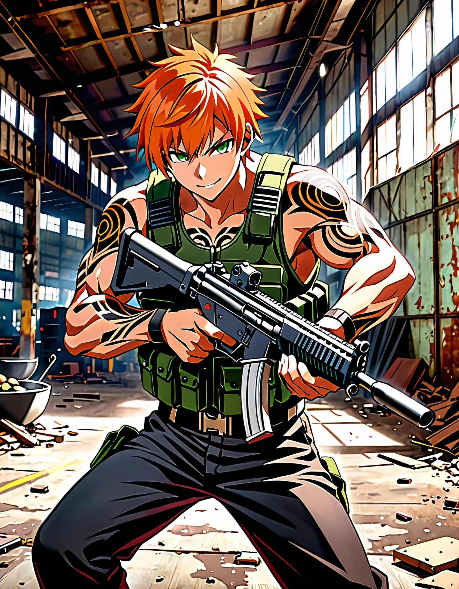 best quality, super detail, masterpiece, photography, scene: spacious abandoned warehouse, theme: mercenary, character: male gunslinger, appearance: muscular build, orange hair, bowl hair, short hair, green eyes, action: fighting stance, facial expression : smirk, holding a Heckler & Koch MP5, assault vest, mafia sports tattoos, cybernetic enhancements in arms, perspective: 4K.
