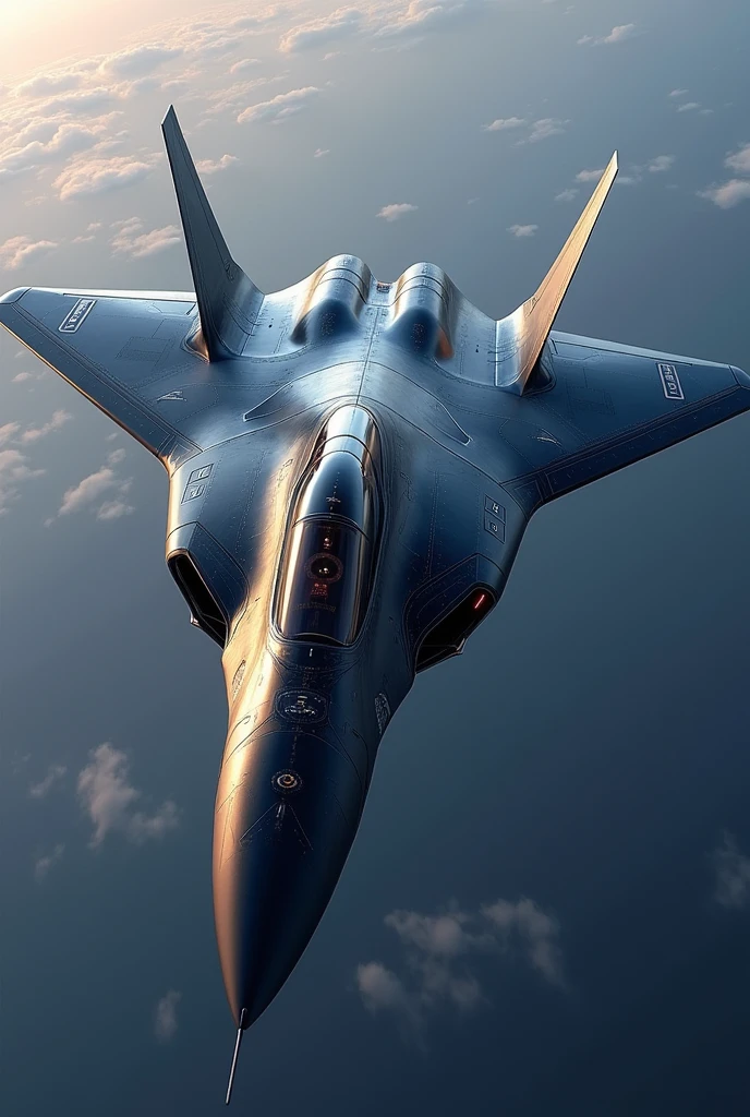 "Create a hyper-realistic image of a revolutionary 7th generation fighter jet that evolves the distinctive tail design of the YF-23. The design should incorporate the following elements:
Twin canted V-tails reminiscent of the YF-23, but even more seamlessly blended into the fuselage
No vertical stabilizers, maintaining the YF-23's low-observable profile
Ultra-sleek, aerodynamic body with no visible angles or edges
Seamlessly integrated variable-geometry wings that can retract fully into the fuselage
No visible external weapons, fuel tanks, or traditional aircraft components
Cockpit fully blended into the airframe, nearly indistinguishable from the body
Adaptive skin with active camouflage capabilities, shifting colors and patterns
Plasma-sheath technology visible as a faint, shimmering aura around the aircraft
Variable-geometry engine nozzles, nearly invisible when closed
Subtle, embedded energy weapon emitters along the leading edges
Overall organic, almost liquid-like appearance suggesting extreme maneuverability
Novel control surfaces that defy traditional aerodynamic principles, integrated into the V-tail design
The jet should be depicted in flight against a dramatic sky background, with a sense of incredible speed and advanced technology. Emphasize the aircraft's evolution from the YF-23 design, its stealth characteristics, and its ability to operate in both atmosphere and near-space environments. The final image should showcase how the distinctive V-tail design of the YF-23 has been refined and enhanced for the 7th generation of fighter aircraft."