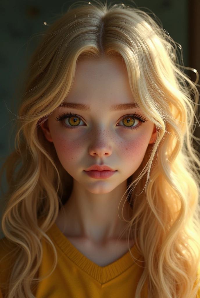 A girl innocent face*big round eyes in ambar color, she save soft features , smal and delicate nose ,lips heart shaped her face a soft and feminine Square form* she is extremely beautyfull...hair( blond and long at her waist Softly curled on the final she is a witch from Hogwarts her house its Hufflepuff clean skin .