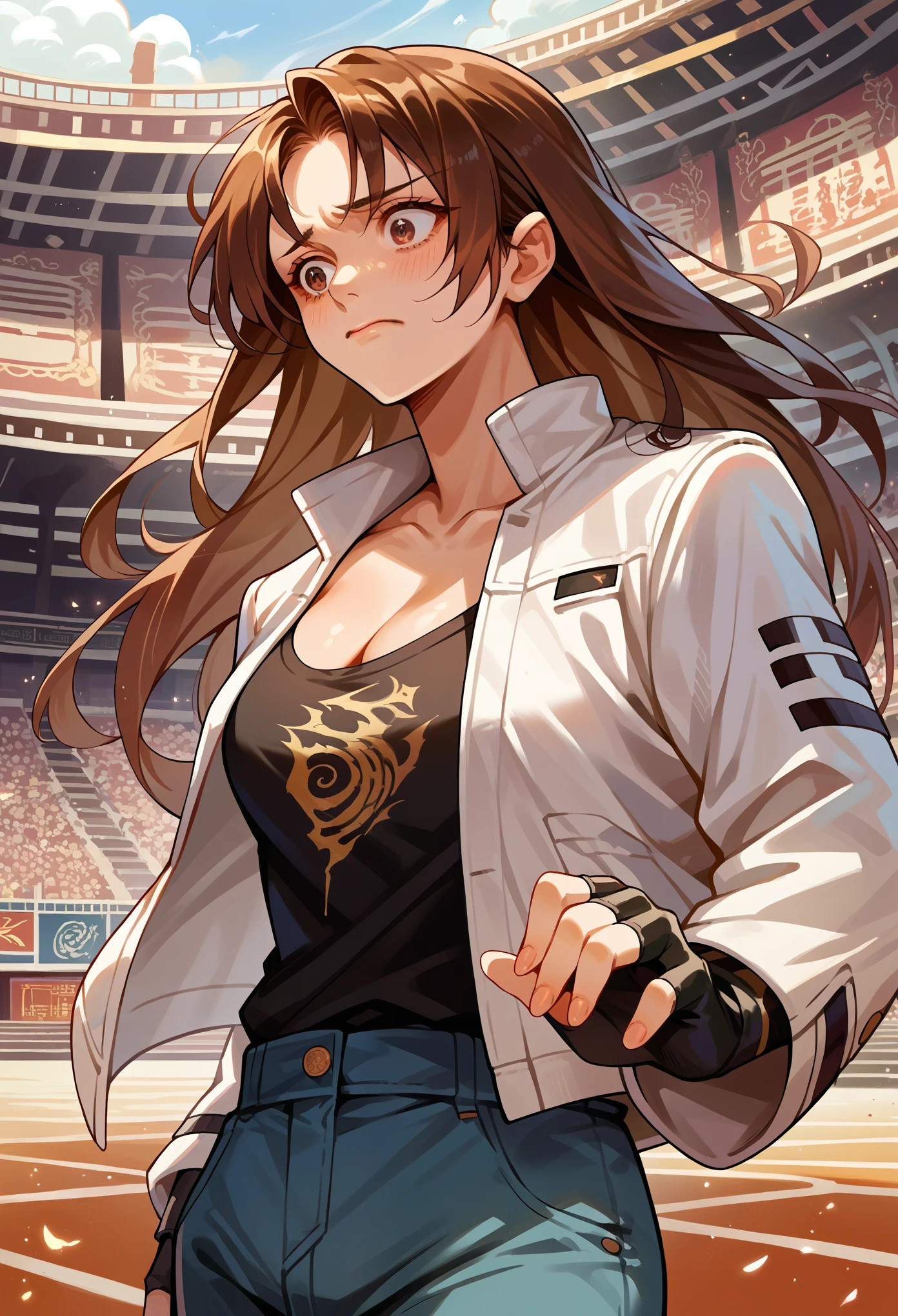 score_9, score_8_up, score_7_up, source_anime, 1girl, solo, (female:1.5), female focus, kyo_nest, brown hair, long hair, brown eyes, white jacket, open jacket, black shirt, blue pants, chain, cleavage, fingerless gloves, standing, nervous, looking down, coliseum
