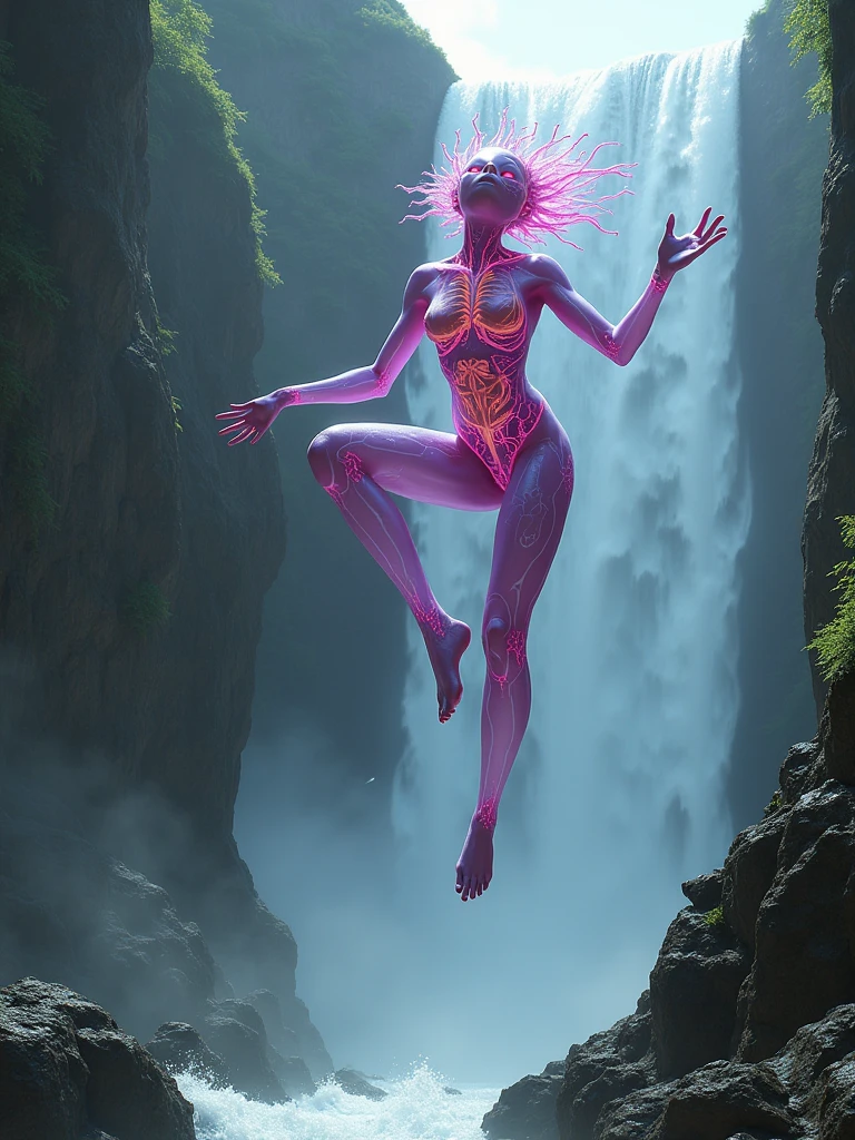 a beautiful female alien with translucent magenta skin showing her internal organs, jumping from a big rock into a waterfall