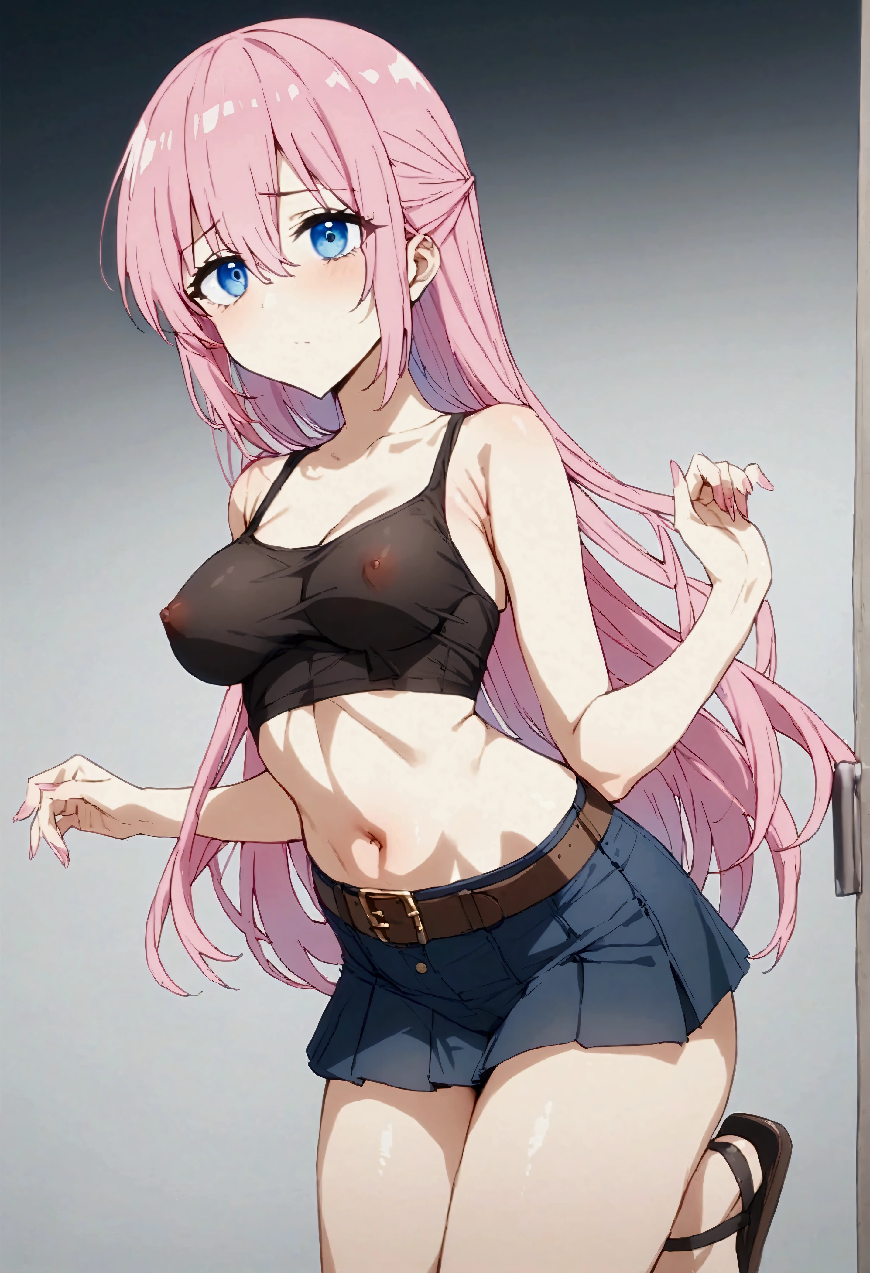 NSFW,masterpiece,Highest quality,High resolution,Very detailed,Shikimori-san\(可愛いだけじゃないShikimori-san\),Pink Hair、Long Hair、blue eyes、Hair between the eyes、bangs,Tank top,ribbon,mini skirt,belt,Sandals