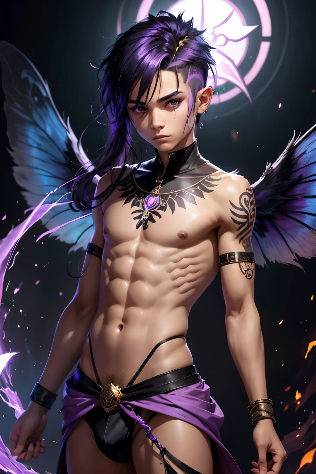 1boy, young male, , fairy, innocent face, cute face, youthful face, tanned skin, tribal, tribal tattoo, black eyes, fairy wings, black fairy wings, long hair, undercut, hair half shaved, purple hair, thin body, muscular, short, sexy, skimpy, jockstrap, shadow magic, light magic, shadow energy, light energy, necromancer, monk, monk outfit
