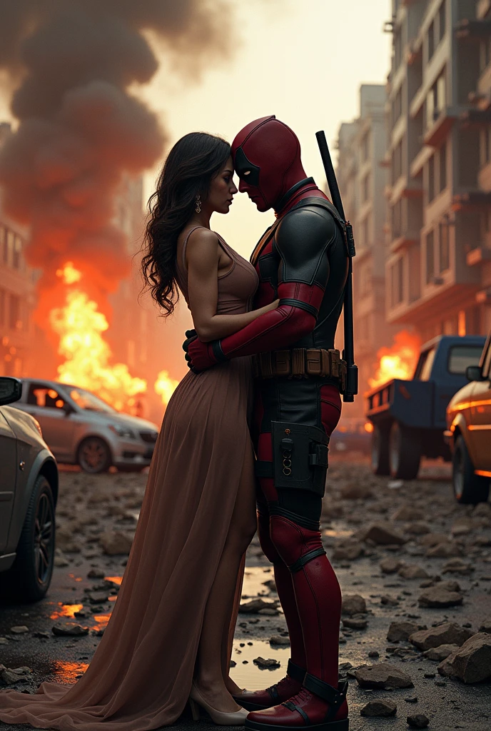 Scene from the movie Deadpool. Deadpool hugs with concern a beautiful girl. They are surrounded by destroyed buildings. Destroyed cars, smoke and flames are extremely realistic.