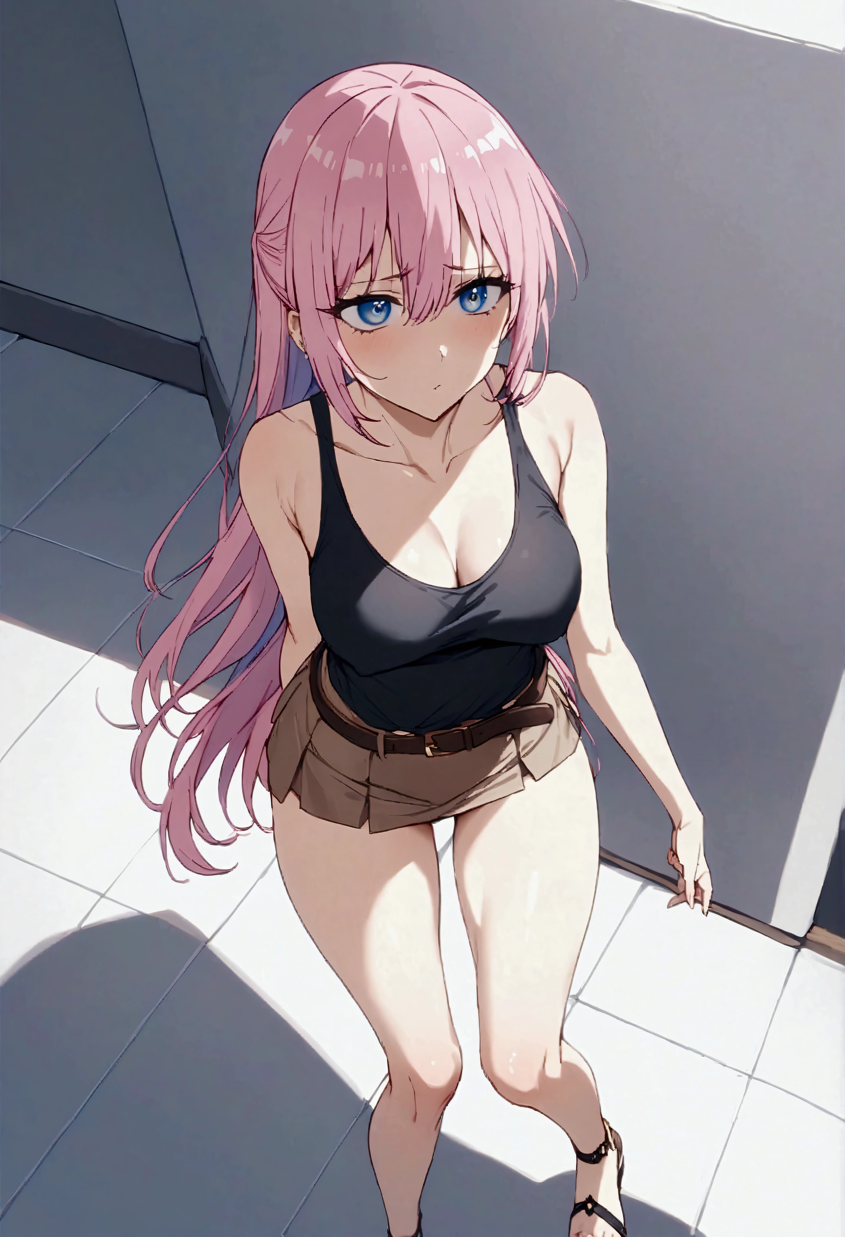 NSFW,masterpiece,Highest quality,High resolution,Very detailed,Shikimori-san\(可愛いだけじゃないShikimori-san\),Pink Hair、Long Hair、blue eyes、Hair between the eyes、bangs,Tank top,ribbon,mini skirt,belt,Sandals