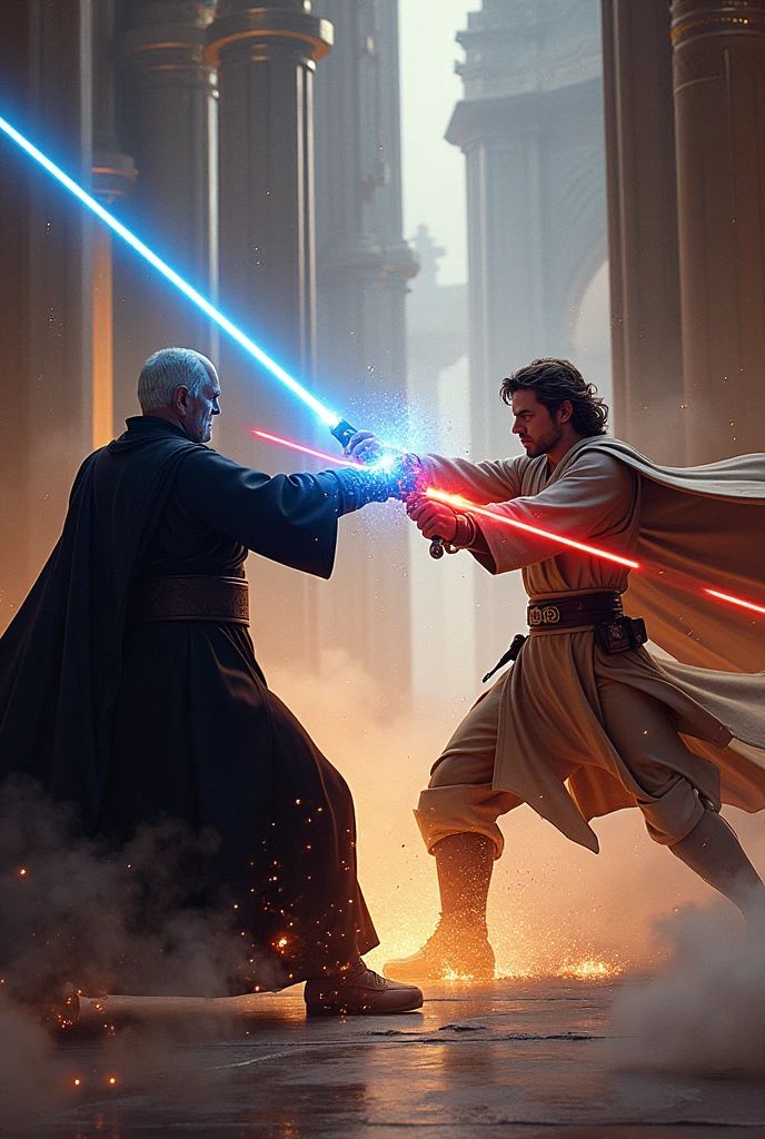 Create a painting of Anakin Skywalker fighting Darth Sidious using Star Wars wands