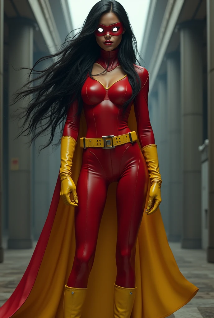 A woman with long black hair, wearing a red half-face mask with white lenses, a red costume with a yellow belly, yellow gloves, and yellow boots, (best quality,4k,8k,highres,masterpiece:1.2),ultra-detailed,(realistic,photorealistic,photo-realistic:1.37),1girl,superhero,spider woman,intricate details,highly detailed face and body,dynamic pose,cinematic lighting,vibrant colors,dramatic shadows,heroic,powerful,epic