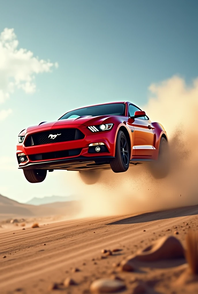 A red Mustang car fling in the sky