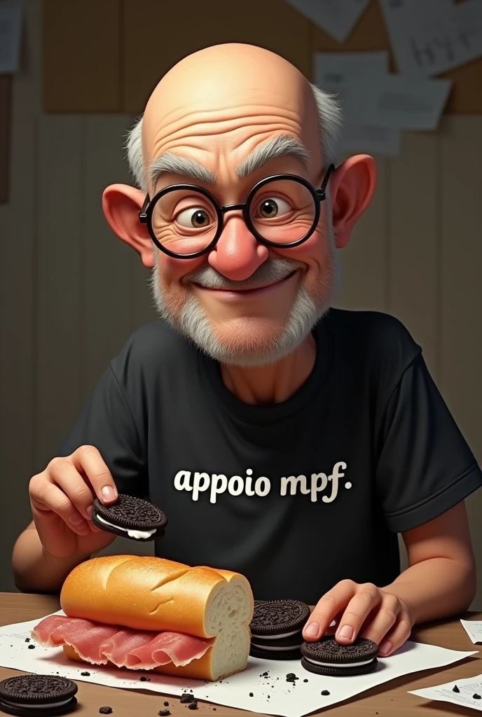 white male, aged 50, baldie, cheeky, wrinkled face, wearing glasses, eating baguette with ham, with Oreo cookies on a table, papers and crumbs on the table. Wearing a black shirt with writing "APPOIO MPF".