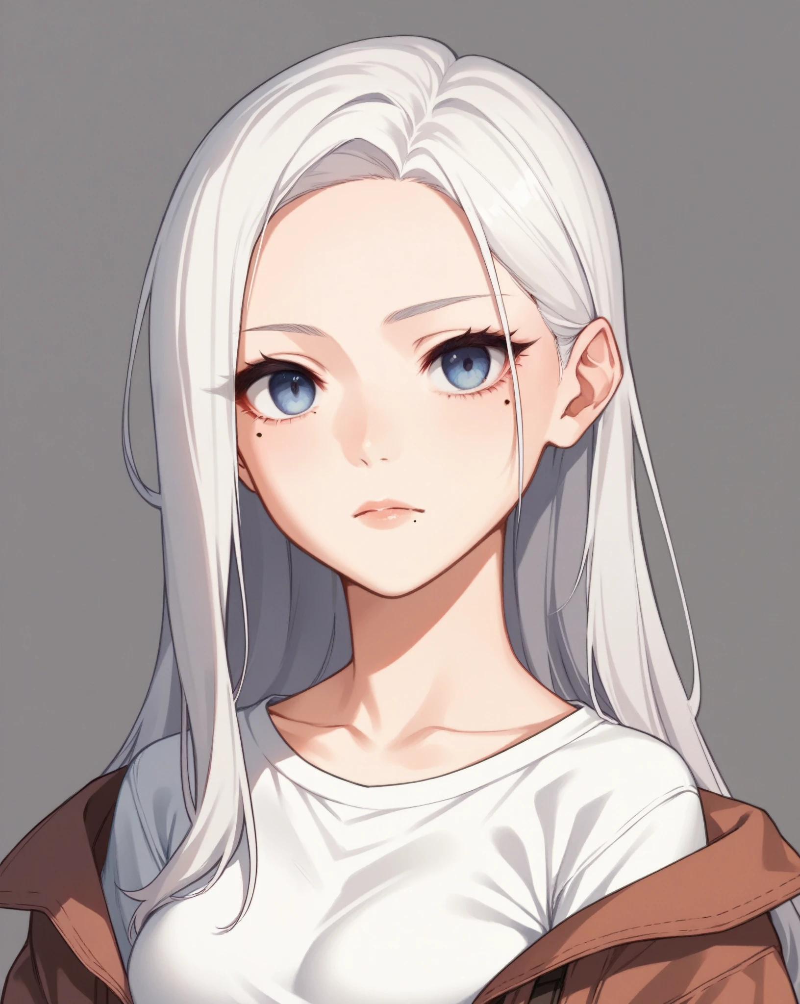 score_9, score_8_up, score_7_up, score_6_up, score_5_up, score_4_up, source_cartoon, rating_safe, by stopu4, 1girl, pale skin, beauty mark under one eye, curious expression, large eyelashes, white shirt, medium breasts, portrait, torso shot, long straight white hair,