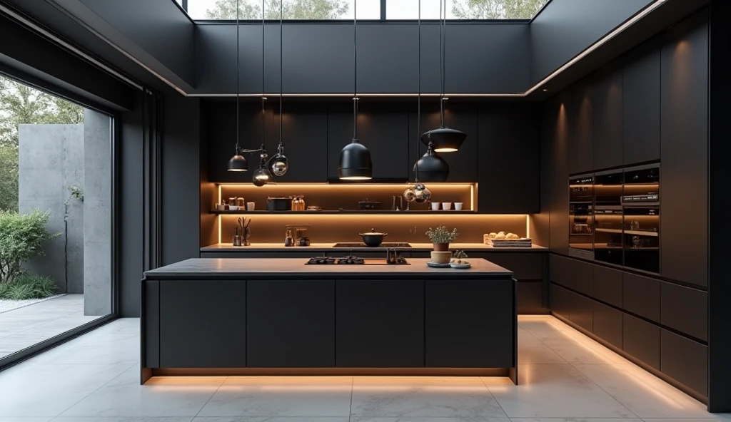 Create a design for a high-quality, elegant minimalist kitchen in dark tones with custom-made furniture with glass and visible utensils, LED lighting in the cabinets and a central island with hanging lamps. 